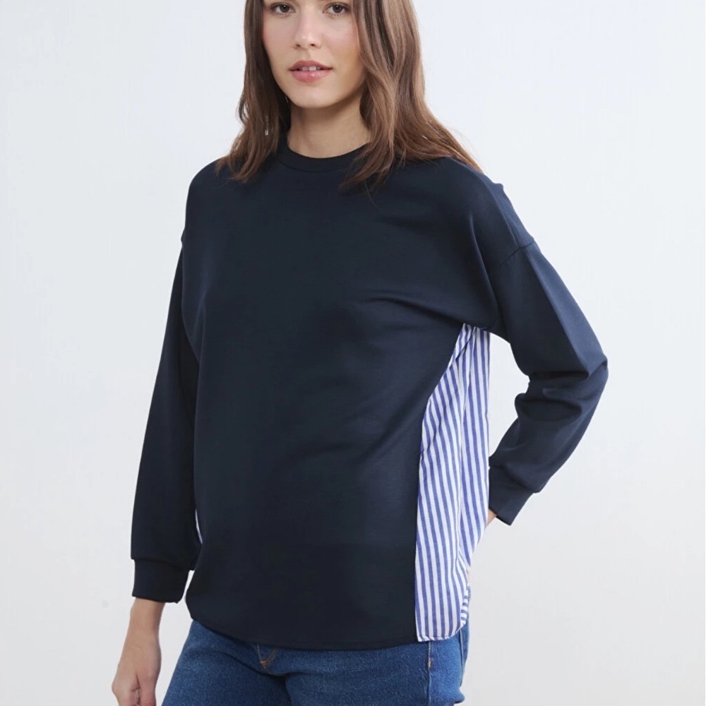 Nordstrom Mixed Media Striped Back Sweater Navy Blue Women XL